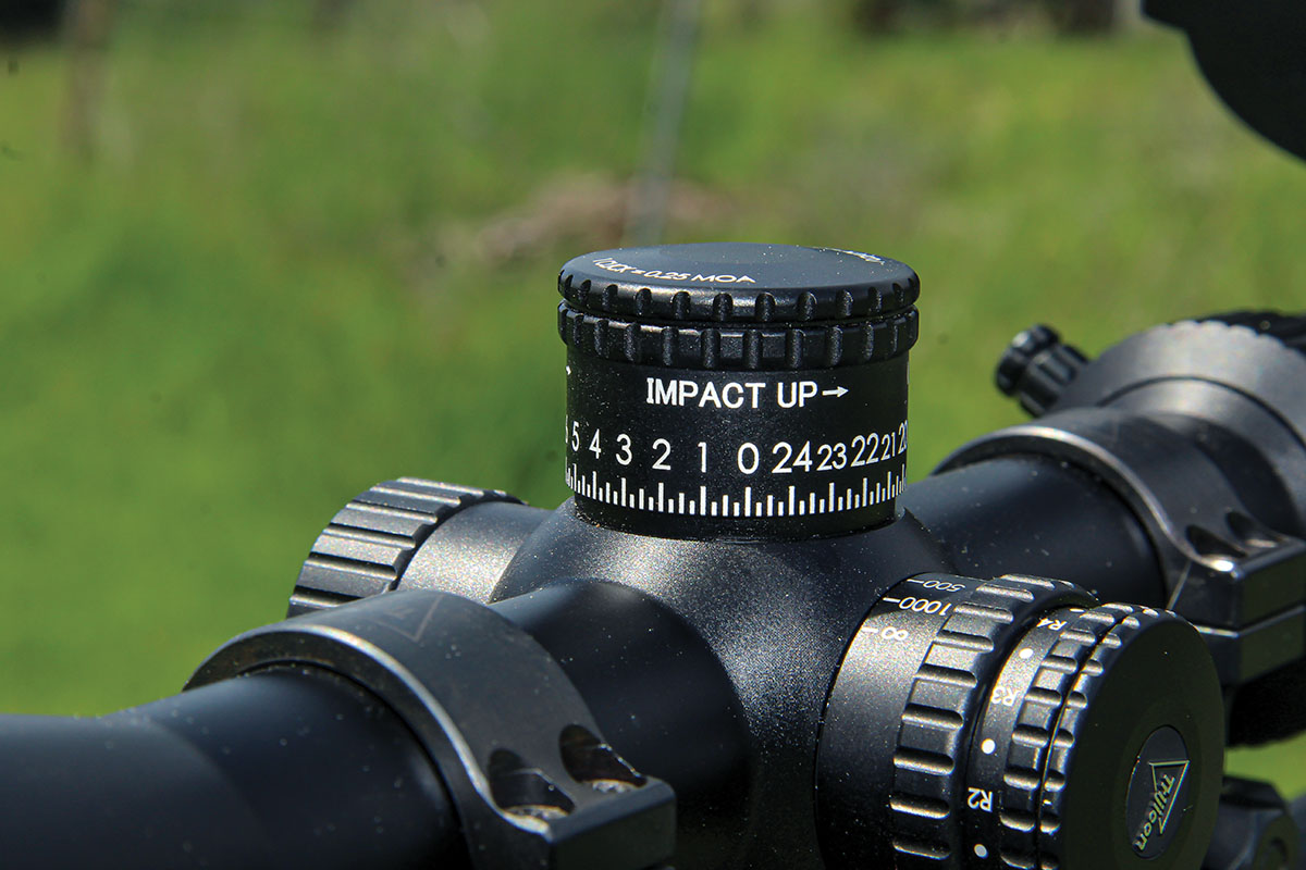 Engraved “Impact Up” and arrows on the exposed turret allowed making quick elevation corrections without coming off the stock, which is a big plus for PRS shooters running a timed course.